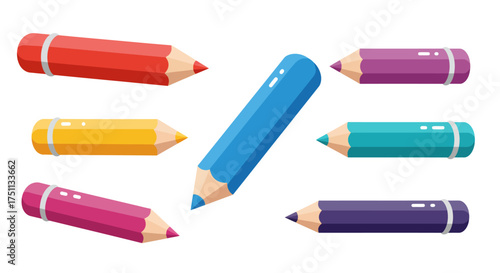 Colorful Pencils Illustration: Red Yellow Blue Purple Teal and Dark Purple.