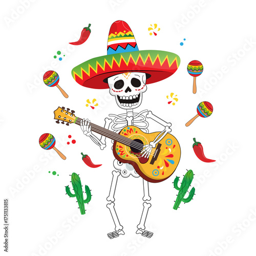 A festive illustration of a skeleton playing a guitar, adorned with a sombrero and surrounded by maracas and chili peppers.