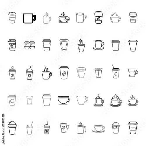 Coffee Cup Outline Icon Set | Beverage, Drink, Espresso, Latte, Cappuccino, Cafe, Mug, Hot Drink Vector Icons