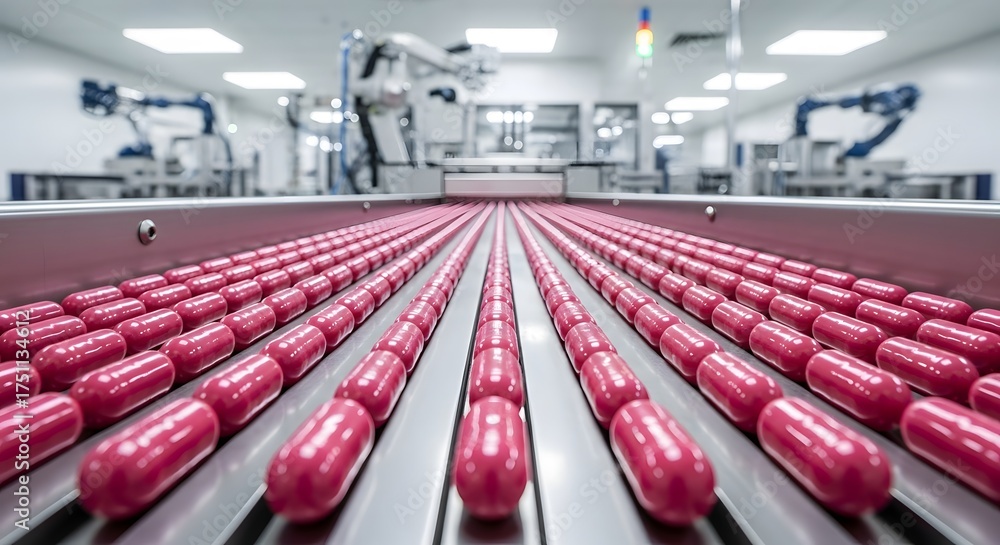 Obraz premium Pharmaceutical production automation in modern factory with pink capsules on conveyor