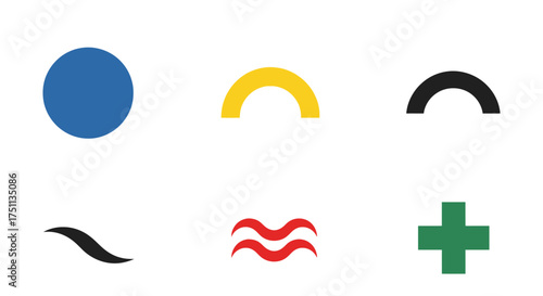 A collection of six colorful abstract geometric and organic shapes including a circle, arcs, waves, and a plus sign on a white background.