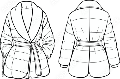 Belted puffer coat CAD drawing, flat vector illustration, front and back view, winter outerwear fashion sketch, technical clothing design