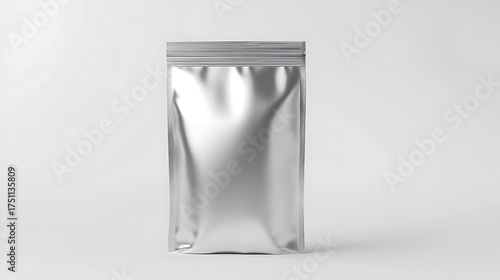 Sleek, silver, stand-up pouch with ziplock closure, ideal for food, snack, or other product packaging. Neutral background highlights the packaging design.