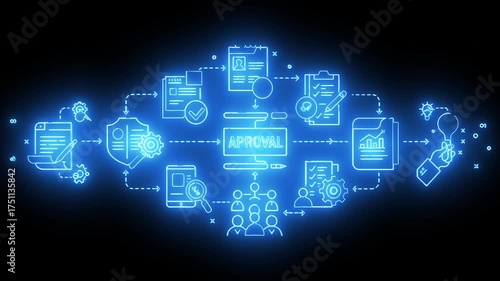 Neon blue glowing animation of digital document approval system with people, files, and email icons connected in workflow diagram