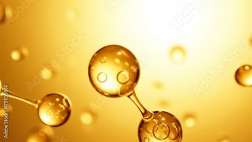 Golden 3D Molecular Structure Droplets on Abstract Shiny Background