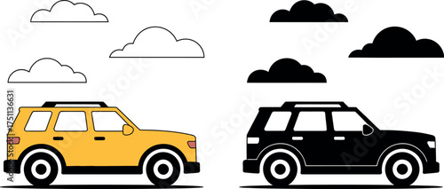 Car in yellow and black color isolated on white background with clouds