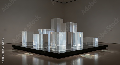 Abstract Sculpture of Clear Acrylic Blocks on a Pedestal in a Gallery © MDRifat