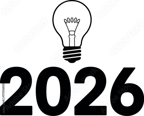 Illustration of the year 2026 with a light bulb isolated on white background