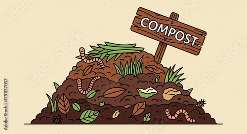 Illustration of a compost pile with worms, leaves, and a wooden sign depicts organic waste recycling process