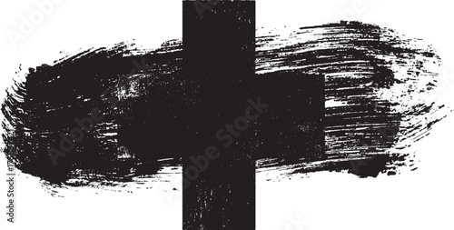 A black brush stroke forms a cross shape with a textured, distressed appearance on a white background.