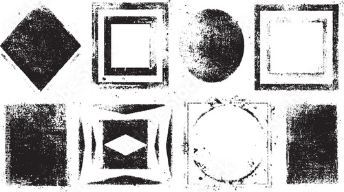 Collection of black grunge shapes and borders on a white background.