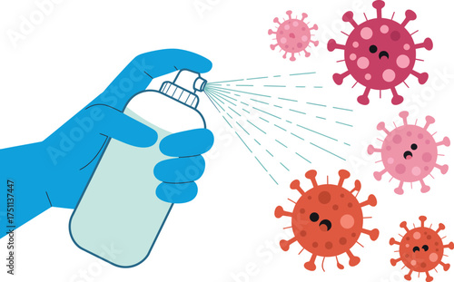 Vector art of hand in glove spraying sanitizer to kill viruses