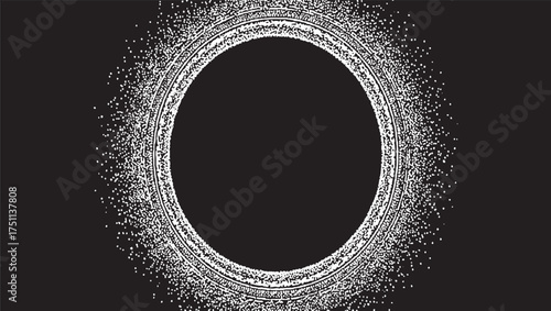 A black background with a white circular pattern and scattered white dots.