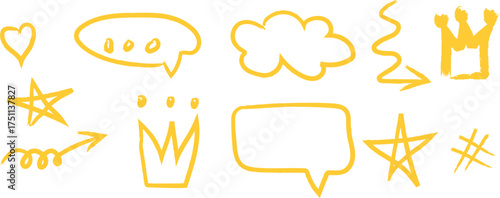 Collection of yellow handdrawn icons and symbols