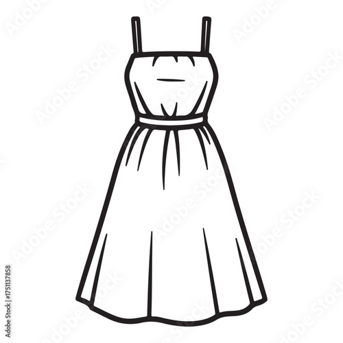 Elegant Summer Dress Illustration with Spaghetti Straps and Flowing Skirt Outline on White Background for Fashion Design Projects