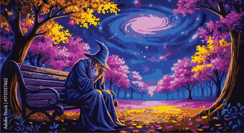 Pensive Wizard Contemplates Cosmic Wonders in Vibrant Magical Forest
