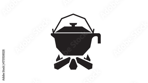 Bold camping icon showcasing a pot cooking over an open fire, perfect for outdoor adventure themes, camping gear promotions, and rustic lifestyle branding, ready for your creative projects