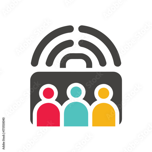 Three colorful people icons under a dark gray signal wave symbol group