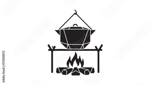 Cozy campfire cooking scene with rustic pot hanging over crackling flames, evoking warmth and outdoor adventure for camping, travel, or culinary designs with a rugged, natural feel