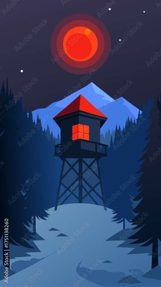 Fototapeta premium Night scene with tower moon and mountain landscape