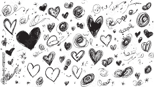 Black and white hand drawn hearts and abstract scribbles create a chaotic yet charming pattern.