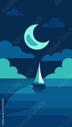 A sailboat sailing at night under the moonlight sky