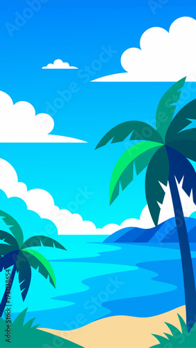 Tropical beach scene with palm trees and blue ocean