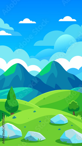 Cartoon landscape with hills trees and cloudy sky