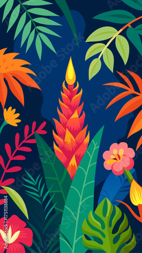 Tropical foliage and flowers in a jungle setting