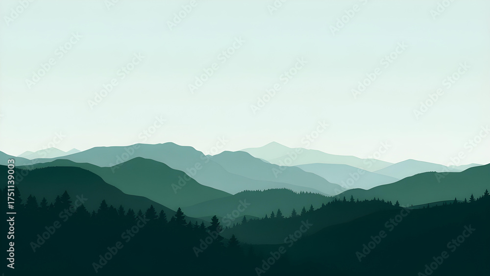 Naklejka premium Minimalist Mountain Landscape with Forest Silhouettes and Layered Hills