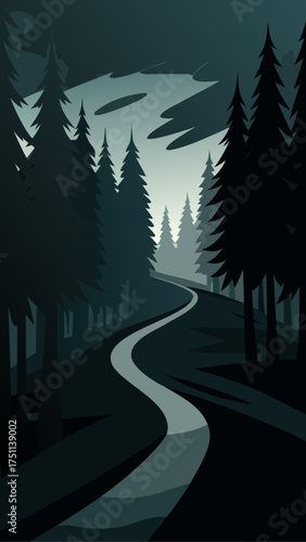 Winding road through a dark forest illustration