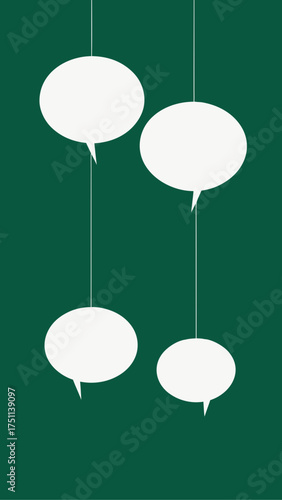 Four white speech bubbles hanging on green background