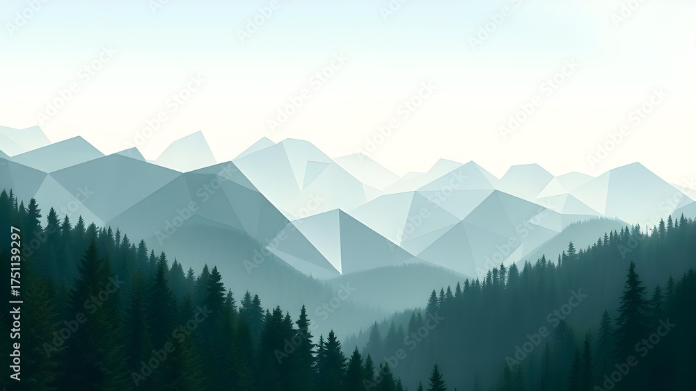 Fototapeta premium Polygonal Mountain Landscape with Pine Forest and Misty Morning Atmosphere