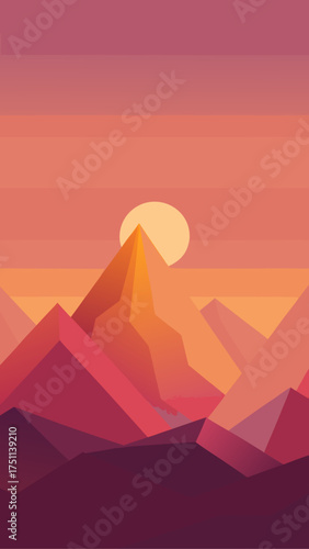 Geometric mountain range at sunset with a warm glow
