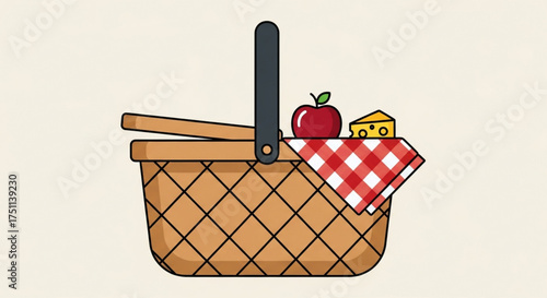 A delightful picnic basket illustration, complete with a red apple, a slice of cheese, and a checkered cloth, perfect for summer outings