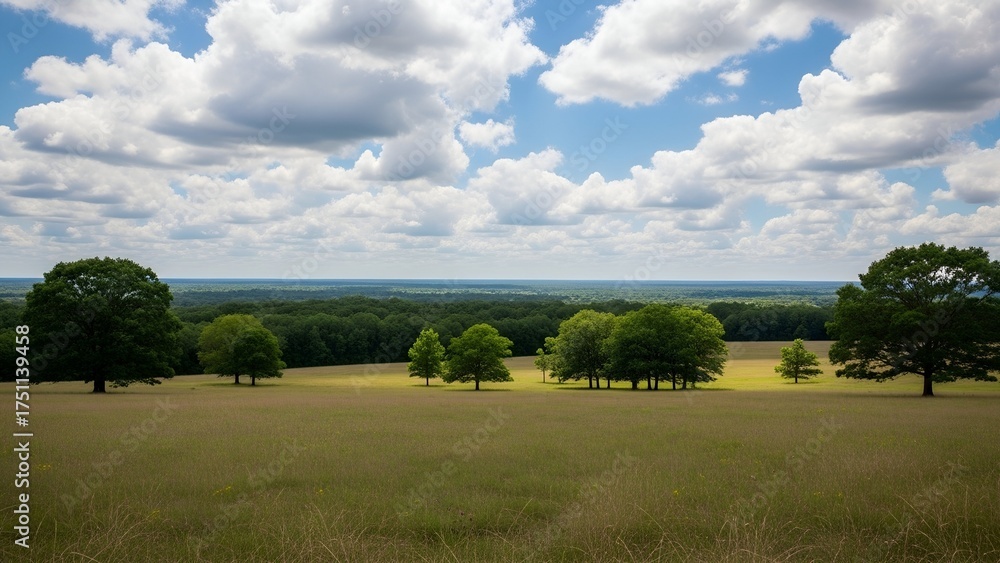 Fototapeta premium Scenic Green Meadow with Trees Under Cloudy Blue Sky