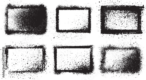 Six black spray paint rectangular frames with rough textured edges on a white background.