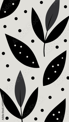 Botanical pattern with leaves and dots in monochrome
