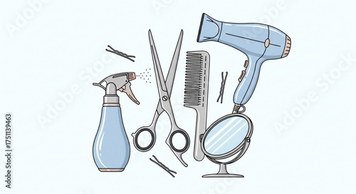 Hairdressing salon equipment set of hairdresser tools, hair dryer, scissors, comb, spray, mirror and bobby pins