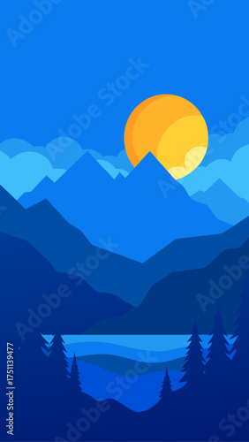 Blue mountains and lake with a yellow sun landscape