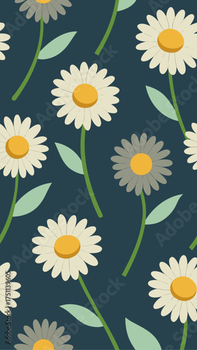 Seamless pattern of stylized daisies on dark background