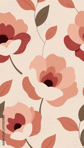 Floral pattern with pink and brown flowers and leaves
