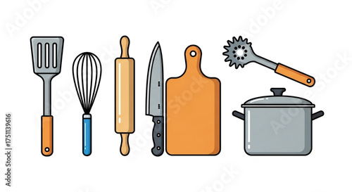 Kitchen utensils spatula, whisk, rolling pin, knife, cutting board, masher and pot for cooking food