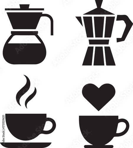 Black icons of coffee makers and cups with steam and heart moka pot pour over coffee