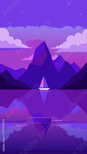 Purple landscape with boat and mountain reflections
