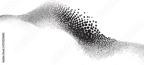 Black dots create a dynamic wave pattern with varying density and size on a white background.