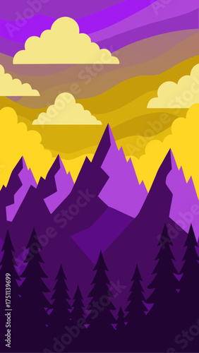 Stylized landscape with mountains trees and clouds