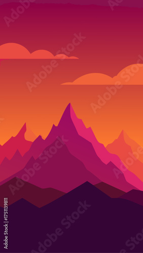 Illustration of mountain range at sunset with clouds