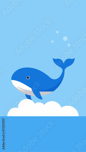 Cartoon whale swimming above the clouds in the sky