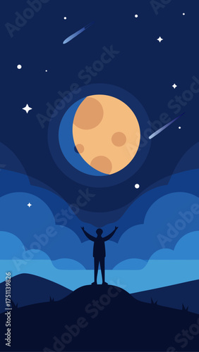 Person silhouette under a starry night with moon
